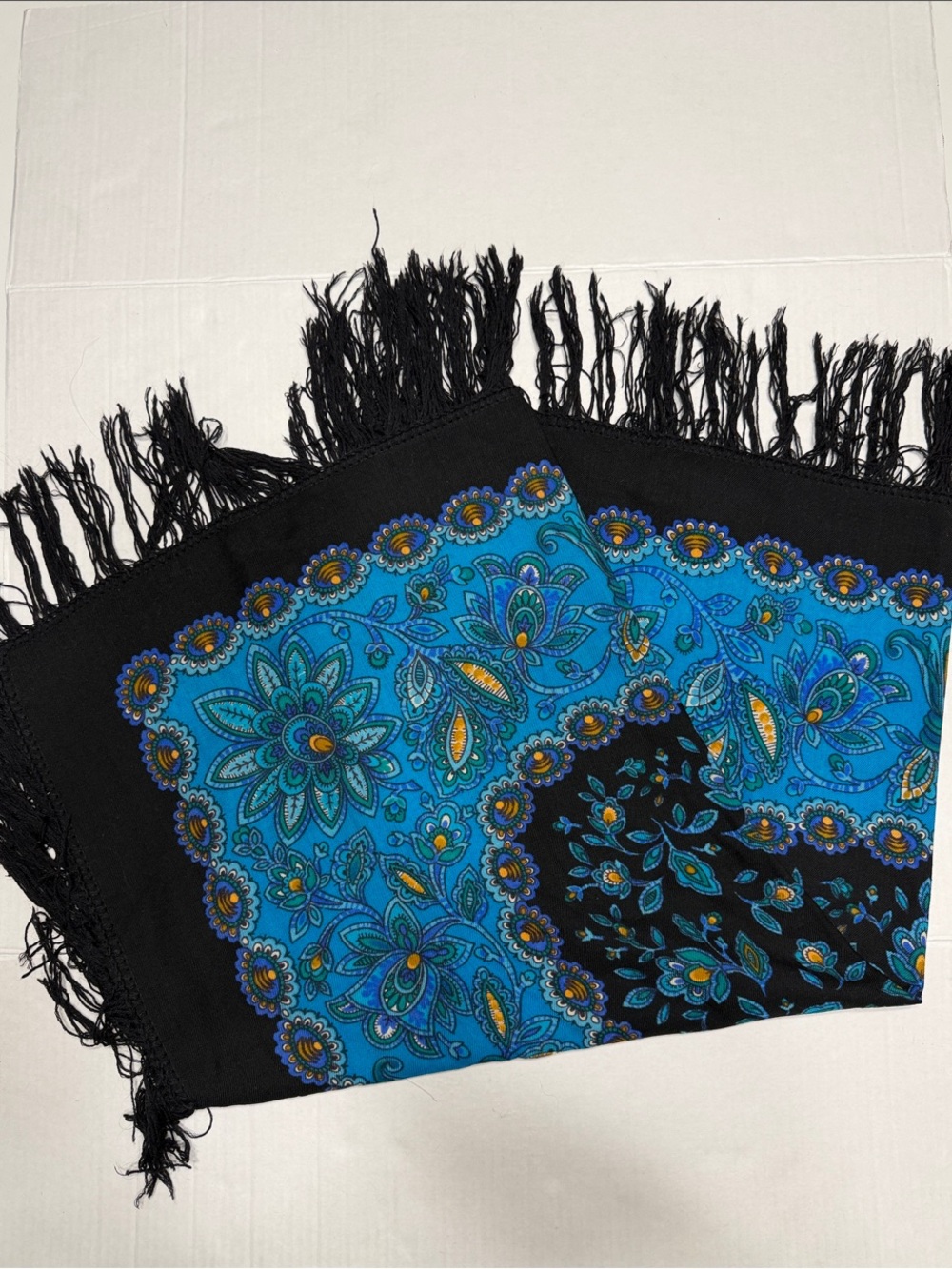 Ethnic Square Blue & Black Floral Fringe Cotton/wool Scarf